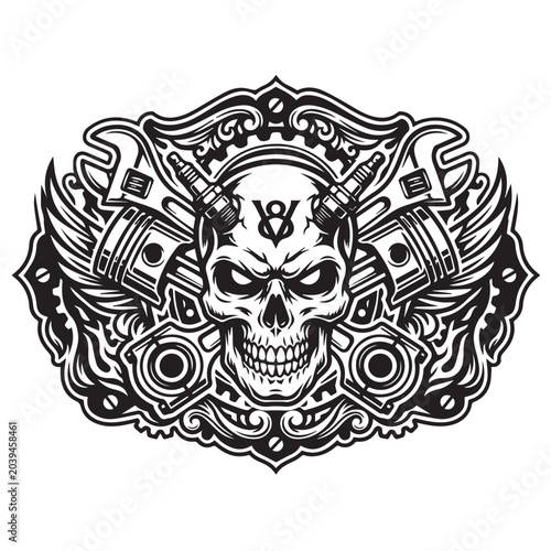 Cuadro en lienzo Vintage Mechanical Skull Emblem with V8 Engine Pistons and Spark Plugs