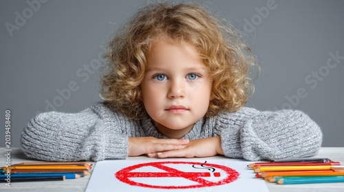 Young Child with Curly Hair and Serious Expression Holding Artwork