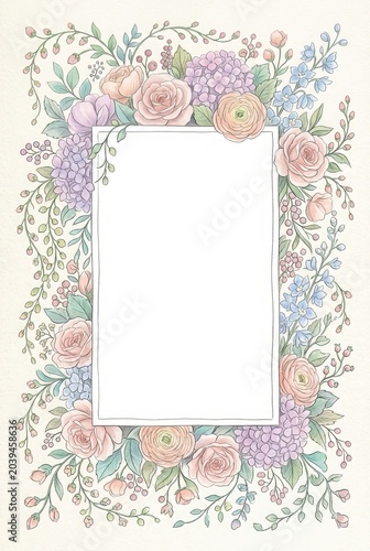 Hand Drawn Floral Border with Pastel Watercolor Roses and Hydrangeas