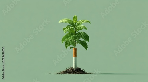 Plant Growing from Cigarette Symbolizing Environmental Awareness