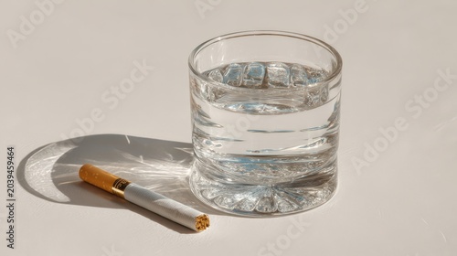 Close-up of a glass of water and a cigarette on a light background