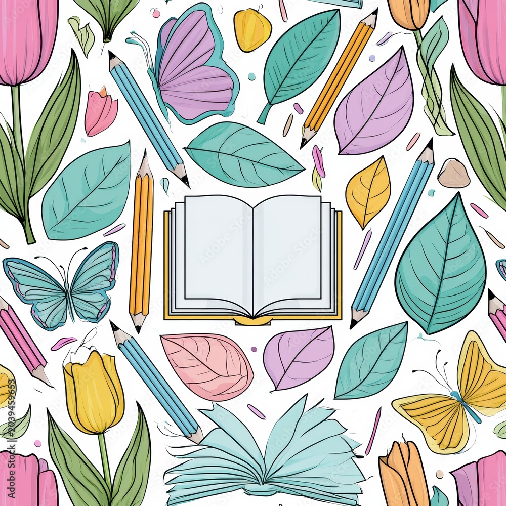 Fototapeta premium This design features a pattern with school elements like tulips, butterflies, and pencils on a white background, capturing a vibrant spring theme.