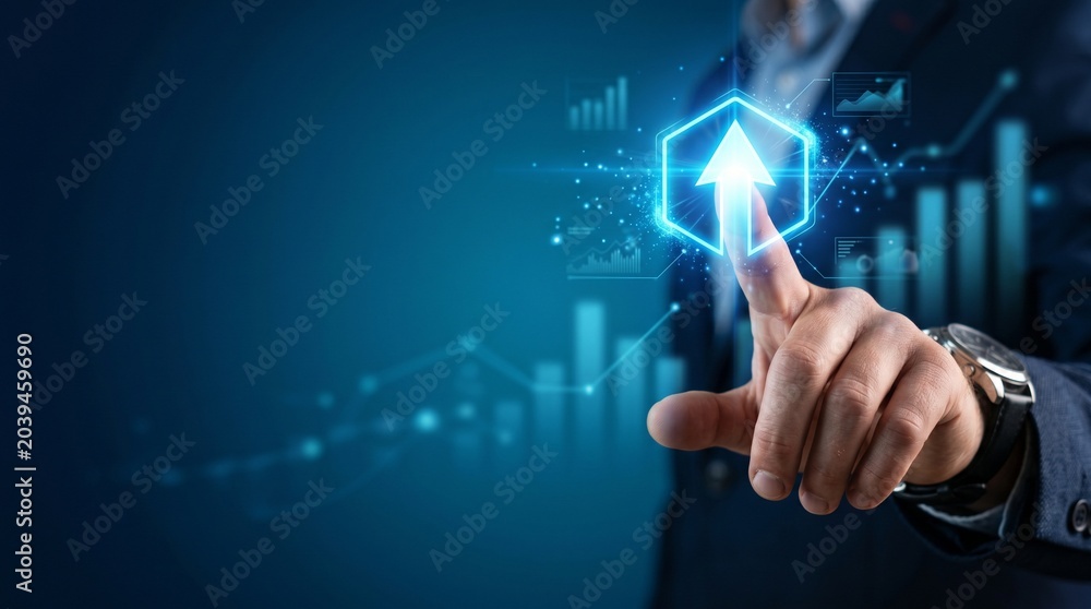 Obraz premium A businessman in a suit touching a digital interface with financial charts displayed in the background