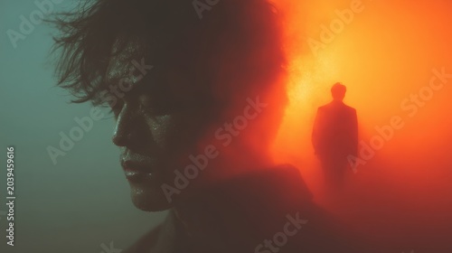 Mysterious Figure in Foggy Atmosphere with Vivid Color Contrast