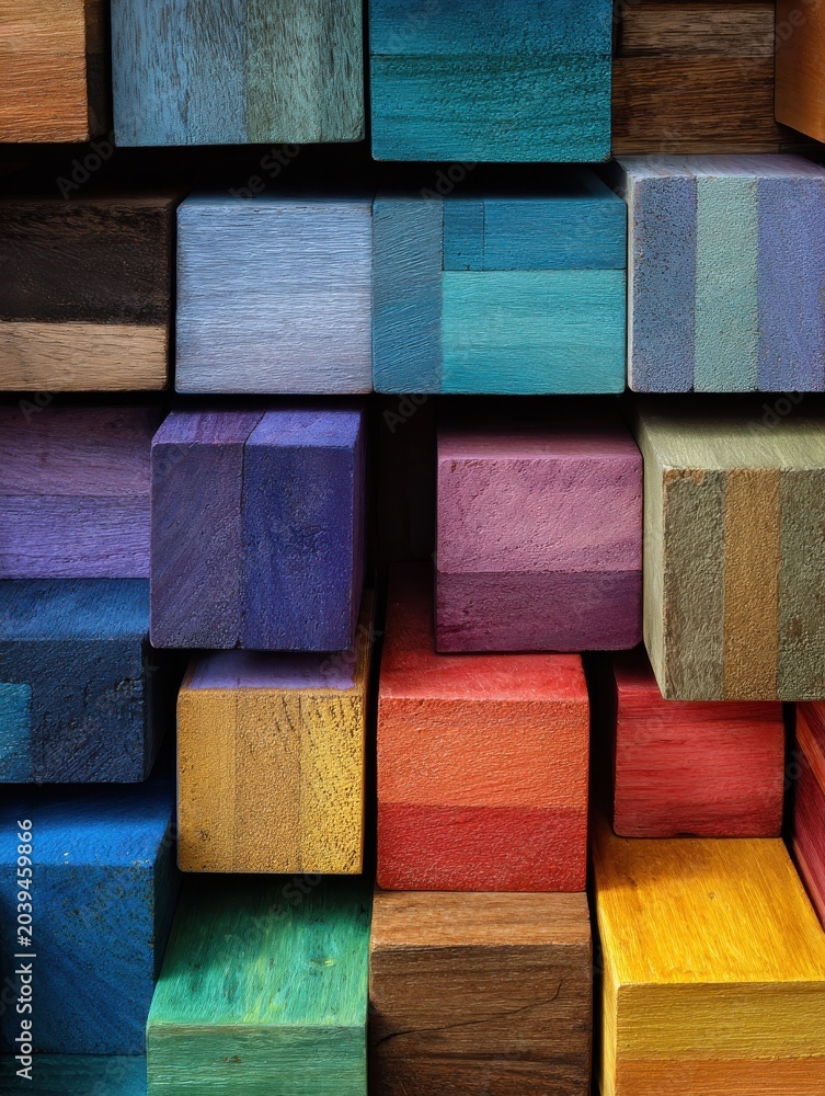 Fototapeta premium A vibrant arrangement of colorful wooden blocks stacked together, showcasing a variety of hues and textures.