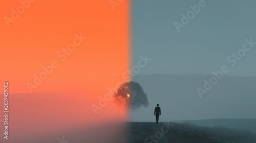 Person Walking on Road Between Vibrant Sunset and Calm Misty Landscape