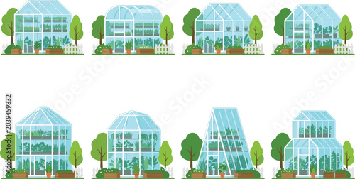 Photos Glass Greenhouse Building Set with Plants, Trees, and Garden Beds for Agricultur