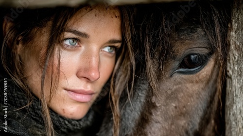 Close-Up Portrait of Woman Gazing Beside Horse Under Shelter