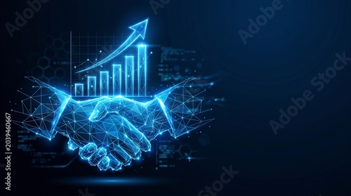 Two hands shaking in a business agreement with a digital growth graph in the background