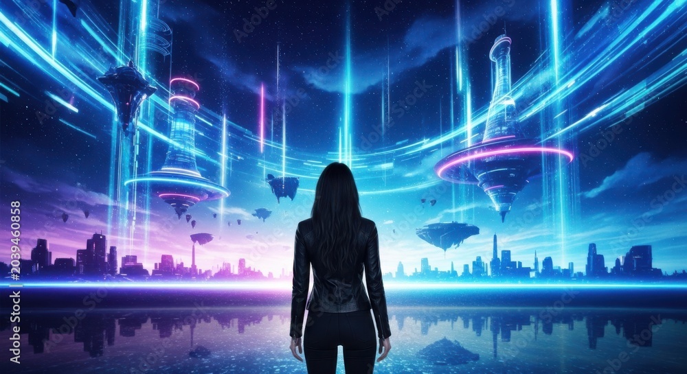 Obraz premium Woman gazes at a futuristic neon city with glowing towers and floating structures