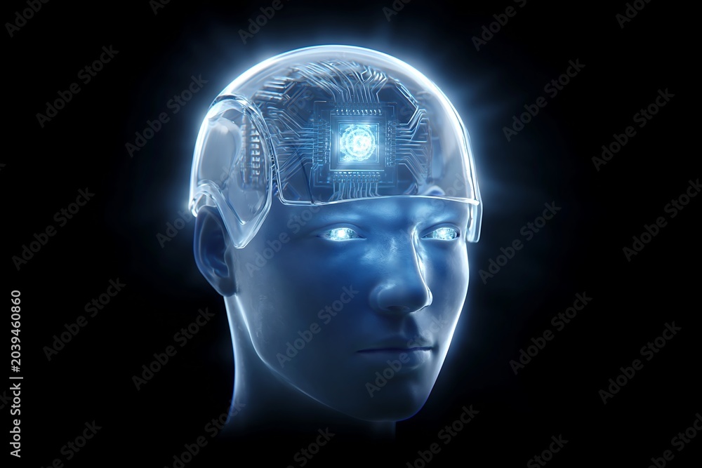 Obraz premium AI robot head with translucent face panel revealing internal circuitry, glowing blue core, dark background, dramatic lighting