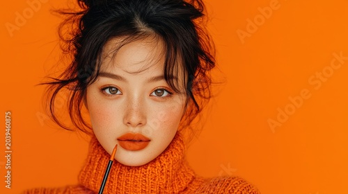 Portrait of a Woman with Orange Lips Against a Bright Background