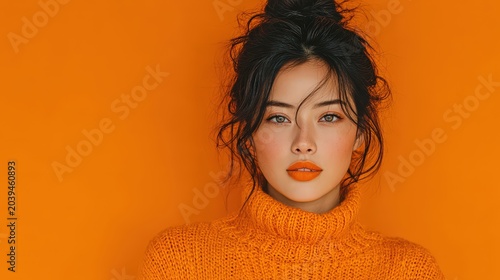 Portrait of a Woman with Orange Sweater Against Bright Orange Background