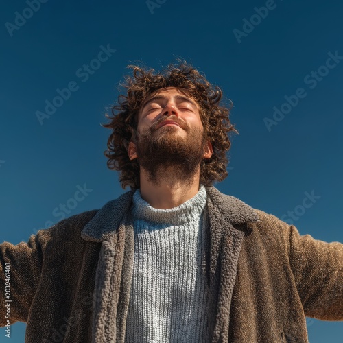 Young Man Embracing Nature Under Clear Blue Sky Outdoors
