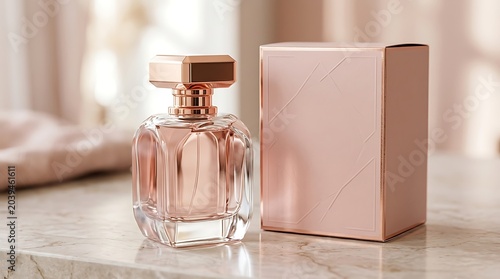 Perfume container with a geometric cap sits beside a square box on a polished stone countertop.