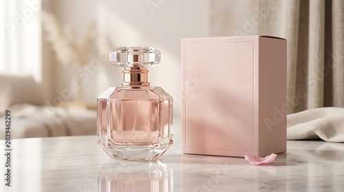 Perfume bottle stands next to its elegant packaging box on a reflective marble surface in a bright room.