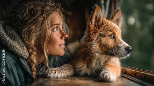 Woman and Dog Gazing Out of Window in Cozy Cabin Setting