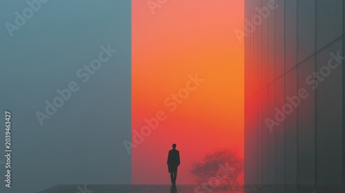 Solitary Figure Against Vibrant Sunset in Foggy Urban Environment