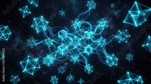 Abstract digital network structure of interconnected geometric shapes forming a futuristic technology concept
