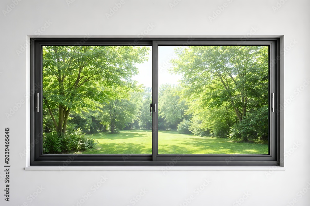 Fototapeta premium Modern sliding window with green park view on sunny day