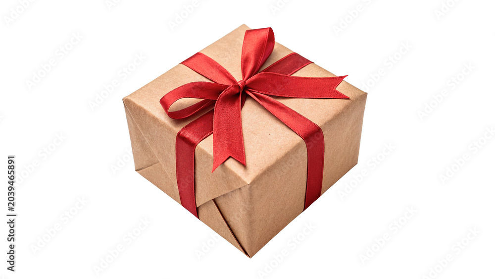Fototapeta premium Simple rectangular cardboard gift box wrapped with red ribbon bow isolated on transparent background