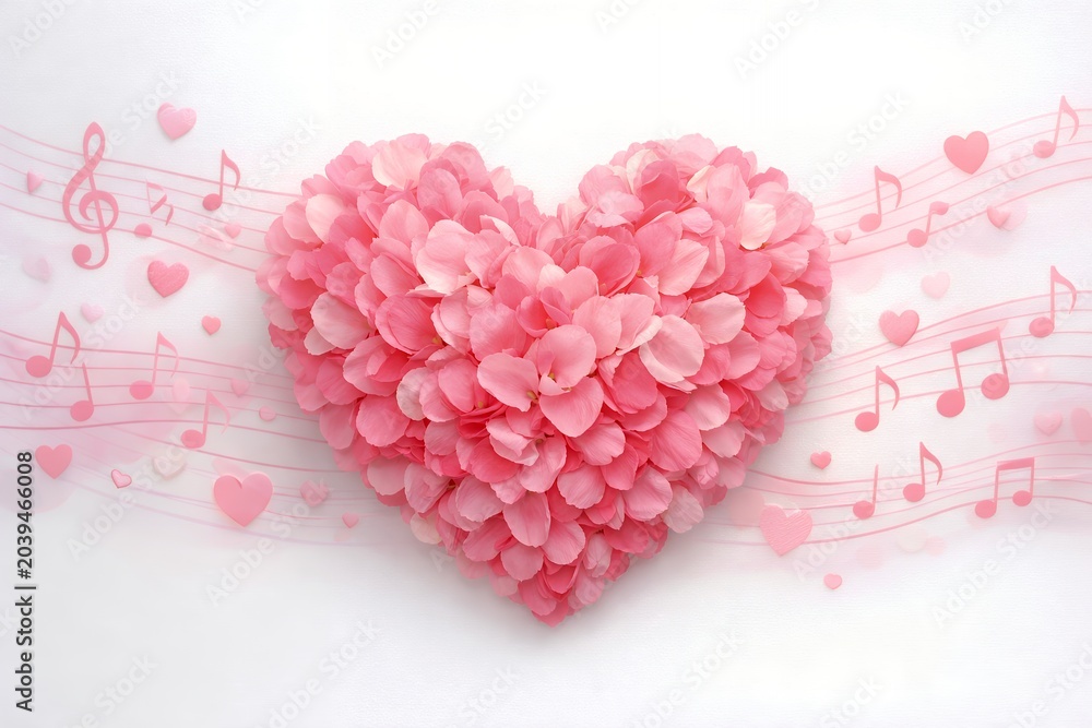 Obraz premium Pink petal heart with musical notes and small hearts