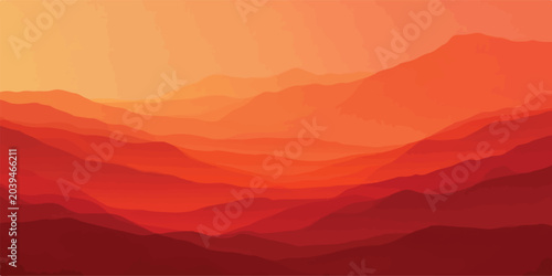 Schilderij op canvas Abstract red and orange layered mountain landscape at sunset with mountains land