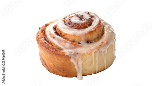 Fényképezés Fresh baked sweet cinnamon roll bun pastry with white glaze isolated on transpar