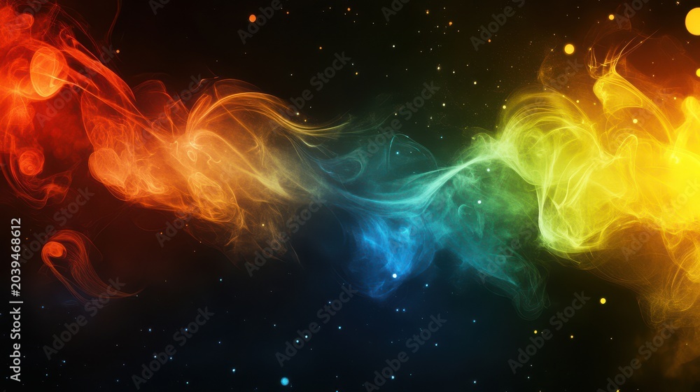 Fototapeta premium Abstract magical rainbow smoke background with glowing colorful fiery trails on dark starry space.