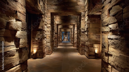 Long corridor with stone walls and soft lighting leading to a distant space in a building at night