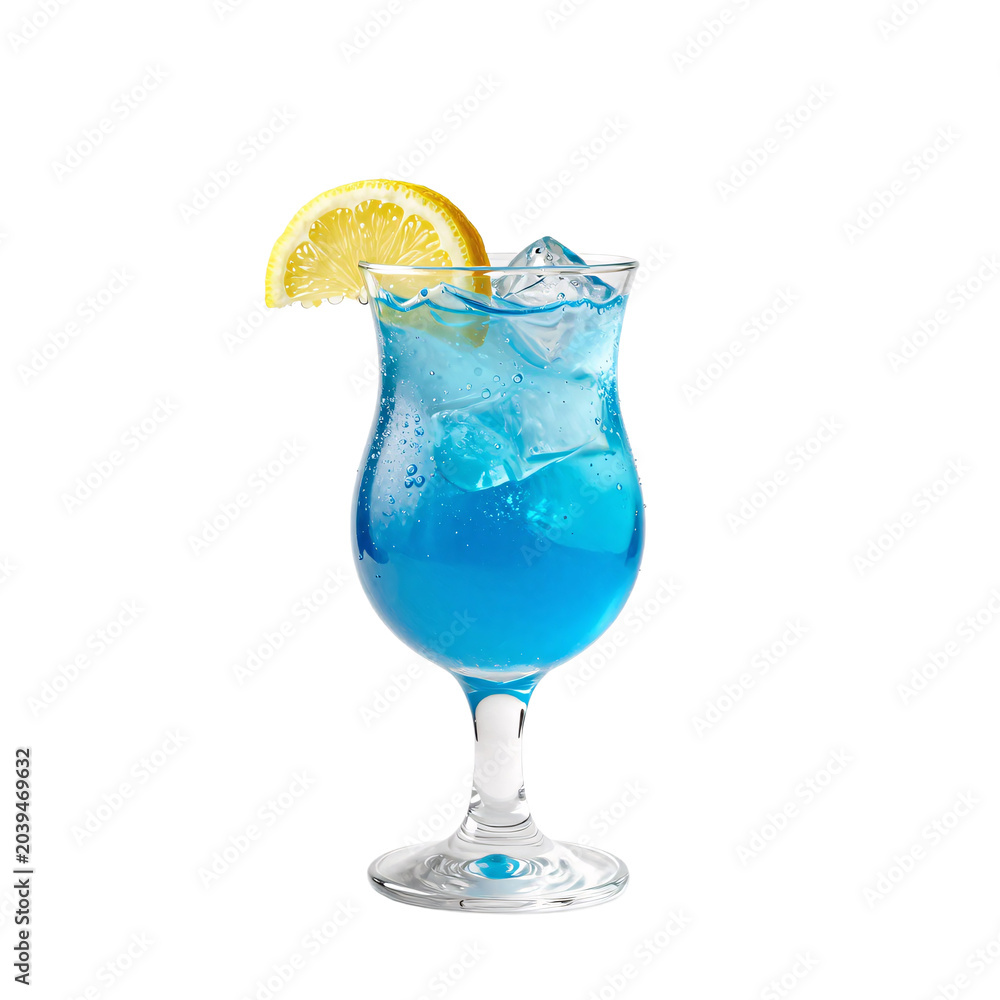 Obraz premium Refreshing blue lagoon cocktail garnished with lemon wedge on a white backdrop in studio shot