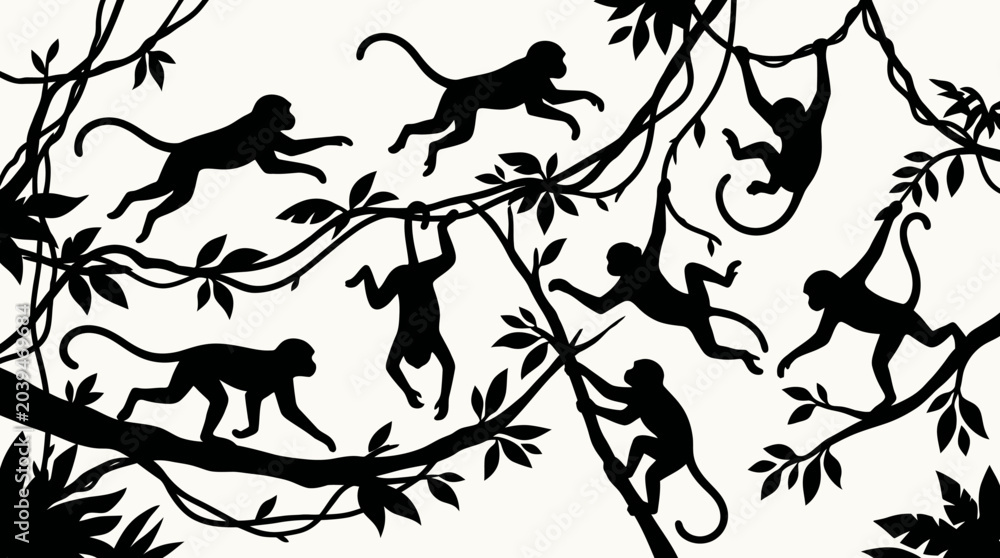 Obraz premium Monkeys hanging from tree branches in forest.