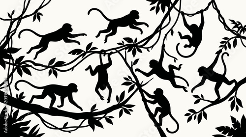 Monkeys hanging from tree branches in forest.