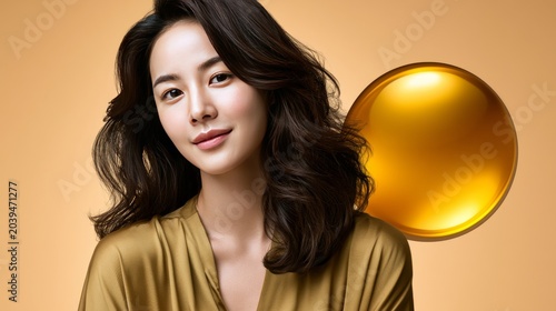 Luxury aesthetics concept featuring warm oil texture and a stunning Asian woman.