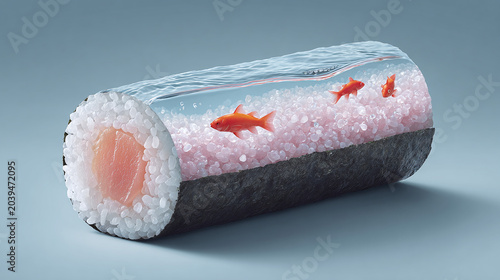 Explore the Whimsical Fusion of Culinary Art and Nature with This Unique Sushi Concept Featuring Goldfish and Edible Elements for a Playful Dining Experience