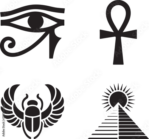 Set of four ancient egyptian symbols, including the eye of horus, ankh cross, scarab beetle, and pyramid, in a black and white style