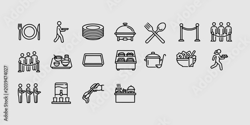 Tableau sur toile Icon set collection of catering, restaurant service, buffet equipment, food handling tools, and professional dining hospitality essentials in outline style