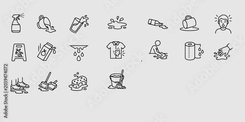 Fotografie Icon set collection of cleaning, spills, housekeeping, surface maintenance, liquid accidents, and janitorial service tools in clean outline style