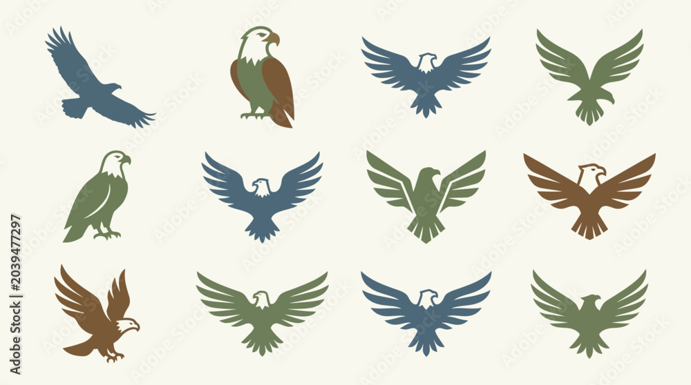 Fototapeta premium Eagle silhouettes in various flight and standing positions are displayed as a set of flat icons.