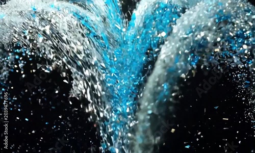 a shower of blue and silver confetti cascading downwards, sparkling like tiny stars