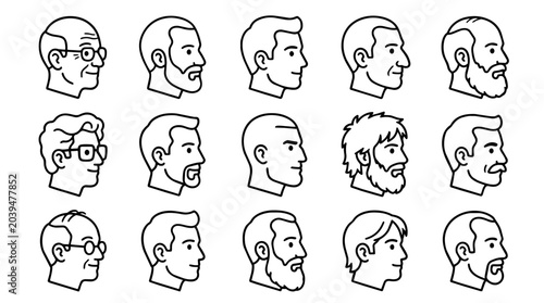 Diverse men's head profiles icon set