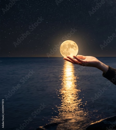 Young woman holding a glowing full moon over the ocean at starry night, fantasy concept.