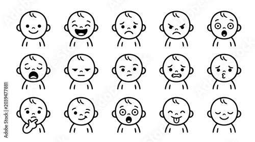 Cute baby faces showing various emotions icon set