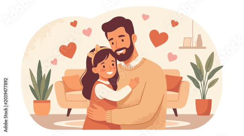 Father hugs his young daughter affectionately in a warm and loving home environment.