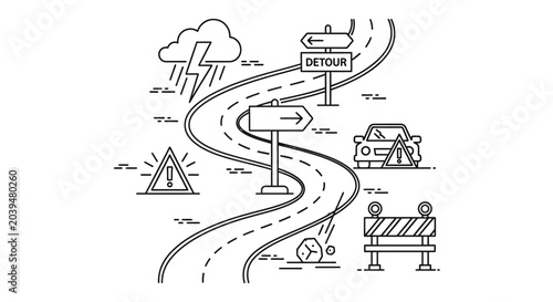 Bild auf Leinwand Winding road line art illustration with detour signs and traffic safety obstacle