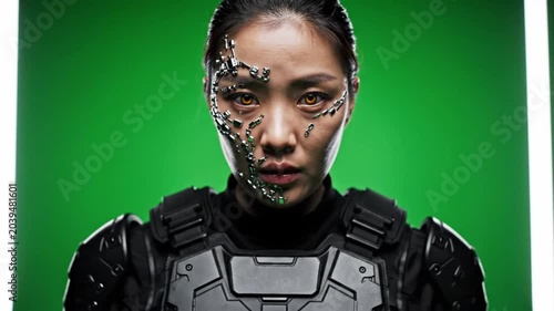A futuristic woman with cybernetic enhancements gazes directly at the camera.