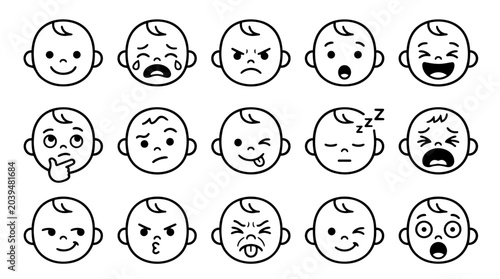 Collection of baby faces with various emotions and expressions