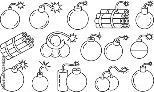 Tableau sur toile Collection of various bomb and explosive icon set with explosive dynamite detonator collection isolated conflict