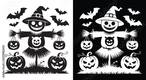 Tableau sur toile Whimsical Halloween scarecrow character holding pumpkins surrounded by flying ba