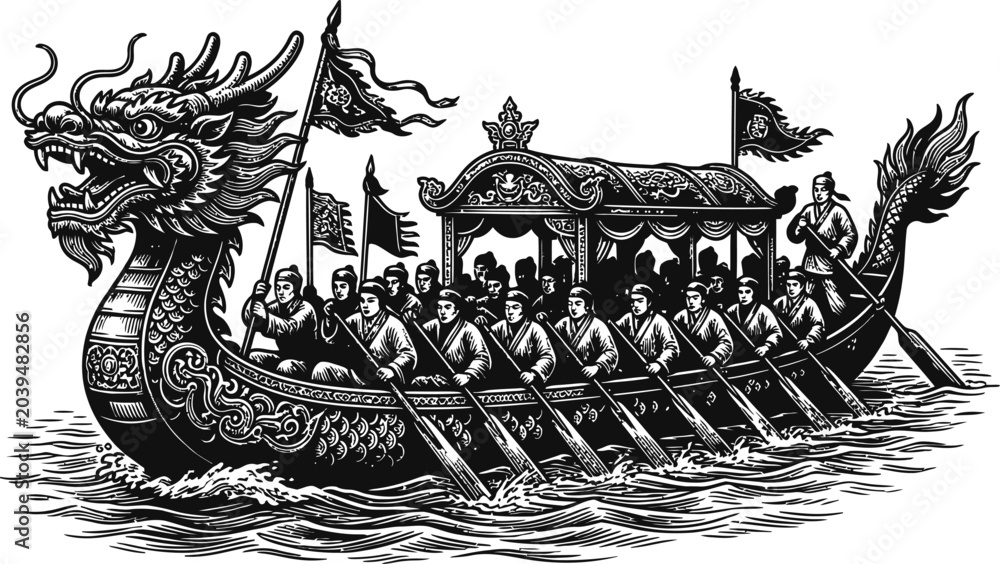 Naklejka premium Detailed black and white illustration of a dragon boat filled with paddlers, featuring a prominent dragon head and tail, flags, and a festive atmosphere.